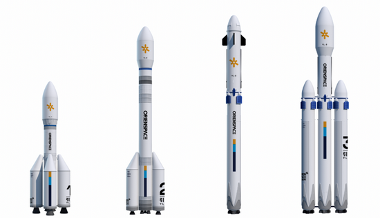 图 | 系列火箭涂装，左起依次是“引力-1 号”“引力-2 号”“引力-3 号”“引力-3 号 CBC”（来源：姚颂）