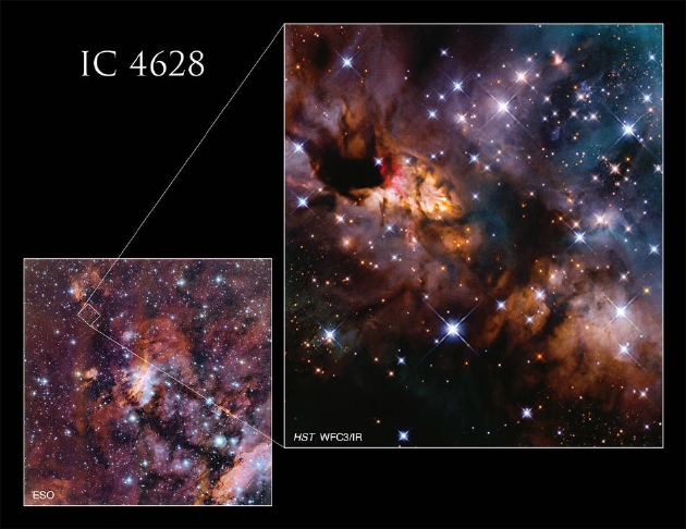 对虾星云位于天蝎星座心宿二恒星南侧，哈勃太空望远镜聚焦拍摄图像仅是巨大恒星形成区域的一小部分。